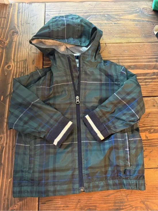 GAP Kids Hooded Plaid Raincoat - Green & Navy