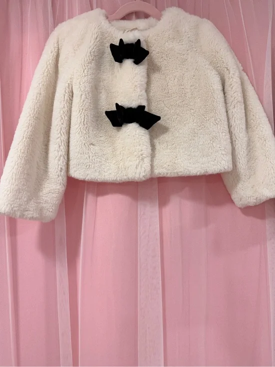 Janie and Jack Cream Faux-Fur Jacket with Black Bow Closures