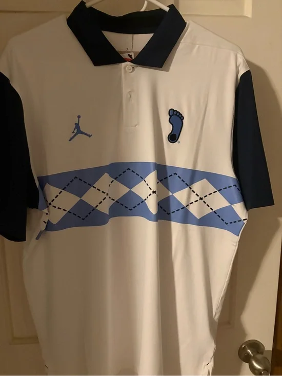 Jordan White UNC Polo with Light Blue Argyle Chest and Navy Trim