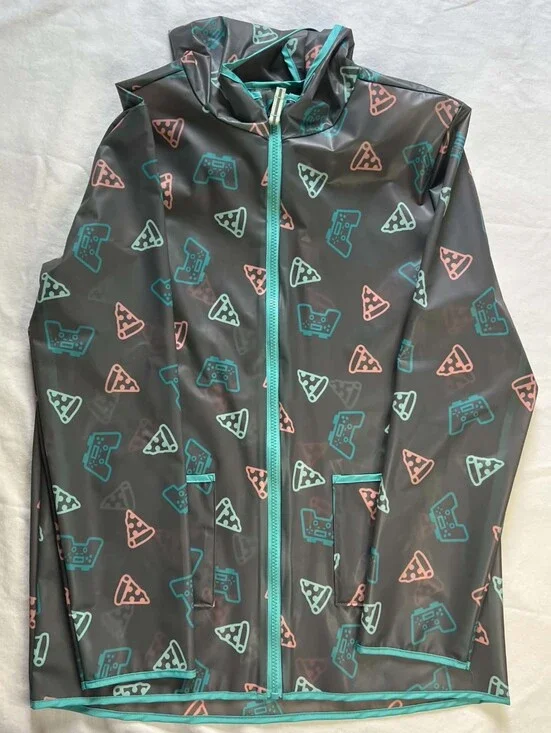 Kids Grey Rain Jacket with Teal & Coral Game Controller Print