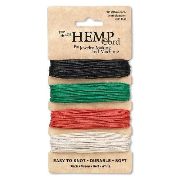Organic Hemp Variety Pack Jewelry Craft Cord 4 Colors Black Green Red White