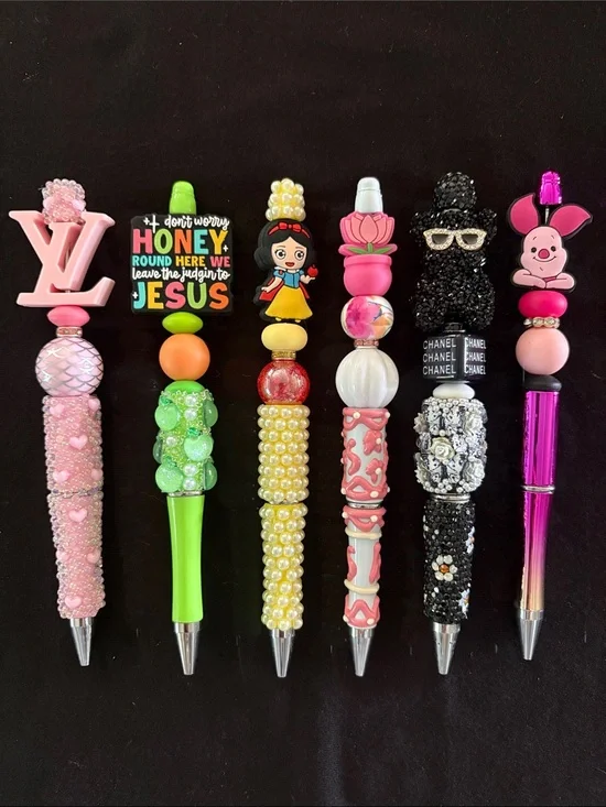 Cute Decorative Beaded Pens - Pink, Black, and Yellow Accents Set of 6