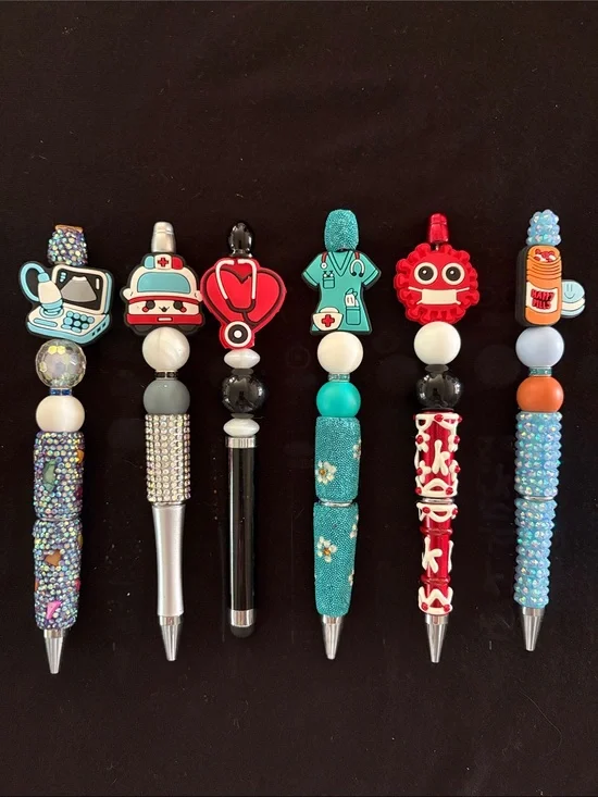 Cute Decorative Beaded Pens - Blue, Black, and Silver Accents Set of 6