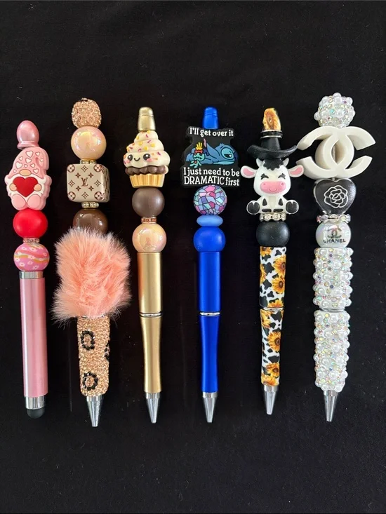 Cute Decorative Beaded Pens - Purple, Pink, Brown, and Blue Accents Set of 6