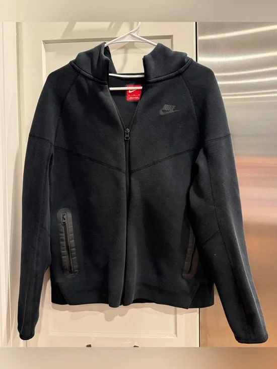 Nike Tech Black Full-Zip Hooded Jacket with Subtle Swoosh, Size Youth XL