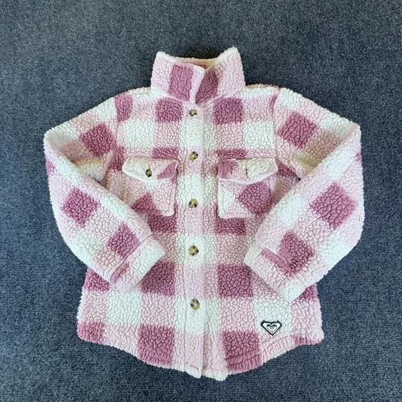 Roxy Shacket Girls XL Pink White Plaid Logo Sherpa Faux Fur Pockets READ