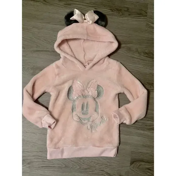 Disney Junior Pink Minnie Mouse Zippered Plush Hoodie With Ears & Bow Size 4T