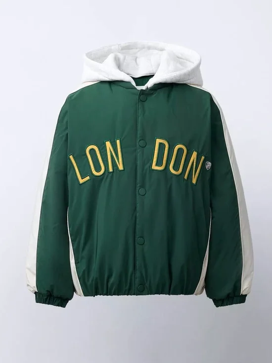 Zara Green 'LONDON' Bomber Jacket with Cream Stripes