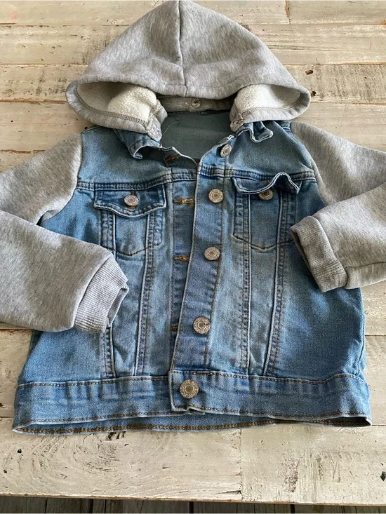 Kids Two-Tone Denim Jacket with Gray Hood