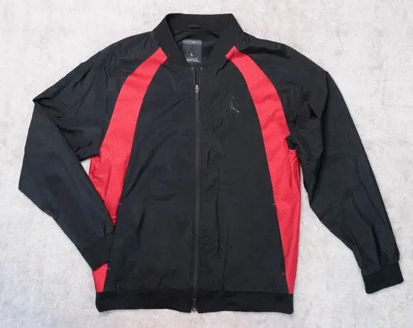 Nike Jordan Black Red Varsity Bomber Jacket Windbreaker Full Zip Mens Size L