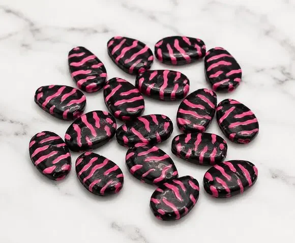 Lot of 18 Flat Oval Black & Pink Zebra Print Beads for Jewelry Making