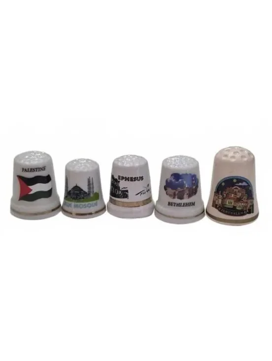 Set of 5 Vintage Ceramic Souvenir Thimbles - Middle East & Holy Land Collection