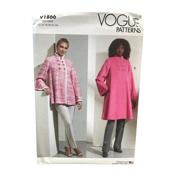 Vogue Patterns V1866 Misses Coat F5 Size 16-24 Mandarin‎ Collar