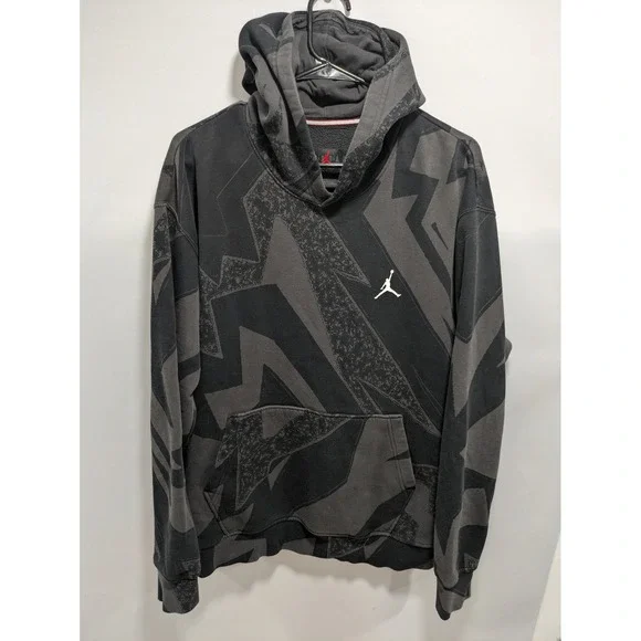 Mens Nike Air Jordan Zig Zag AOP Essentials Black Gray Fleece Hoodie Size LG
