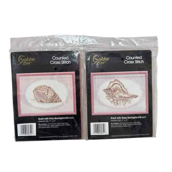 Vintage *NEW* Sea Shell Counted Cross Stitch Set of 2 Golden Bee Pink White 7x5