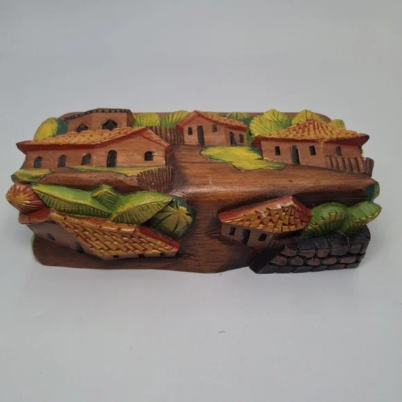 Carved Wood Jewelry Trinket Box 3D Hand Painted Village Folk Art Boho Vtg
