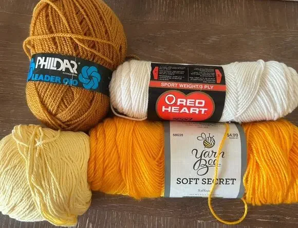 Vtg Mixed Lot Of 4 Yarn Skeins Acrylic Cotton? Saffron Mustard Yellow Off White