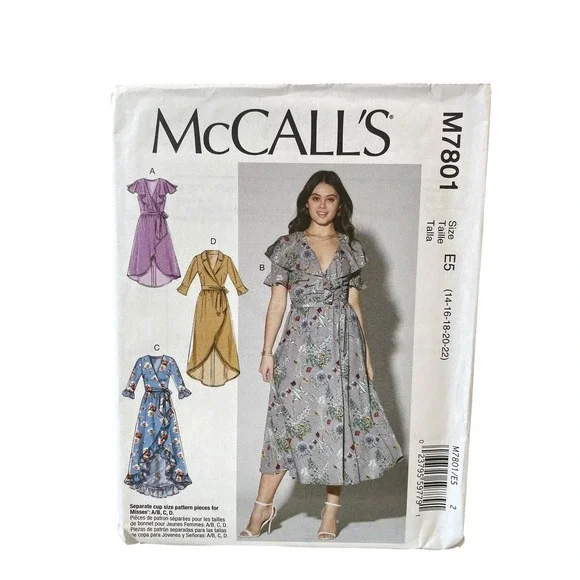 McCall's M7801 Wrap Dress E5 (14-22) Ruffle Tie Belt Sewing Pattern
