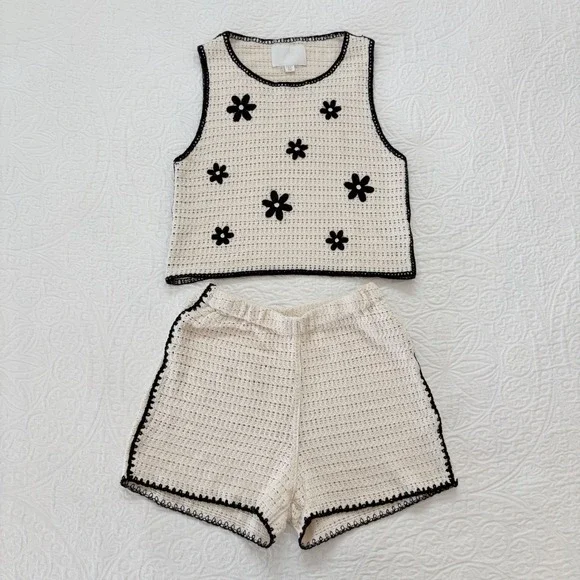 Zara Girls Crochet Floral Knit‎ Set - Tank and Shorts, Cream / Black Sz 13-14