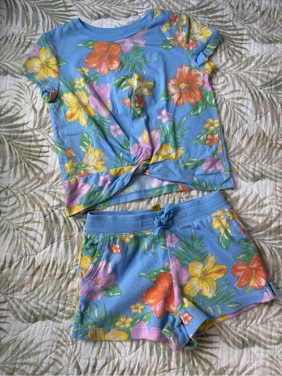 Girls Blue Tropical Floral Short Set