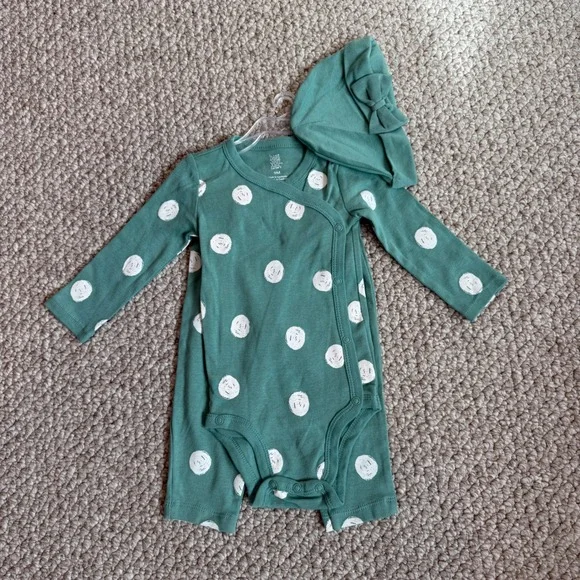 Carters Baby‎ Girls 3pc Teal Polka Dot Bodysuit Pants Hat Set Size 9 Months