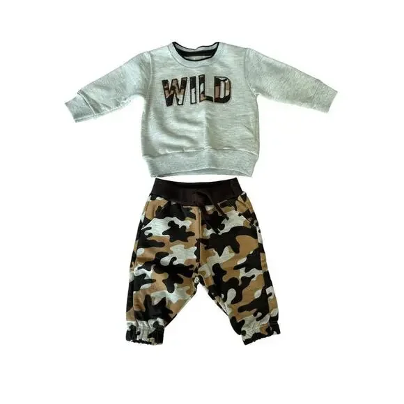 Milon Baby Grey Black Long Sleeve Top And Camo Joggers Set Size P or 3 months