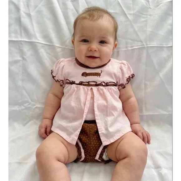 VTG Gymboree Baby Girl Pink Brown Dachshund Dog Polka Dot Bloomer Set 0-3 Months