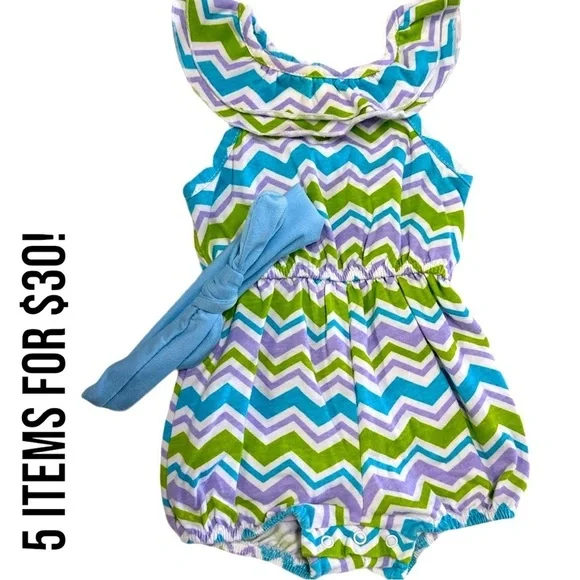 5/$30 Faded Glory 6-9 Baby Girl Romper & Headpiece Matching Outfit​