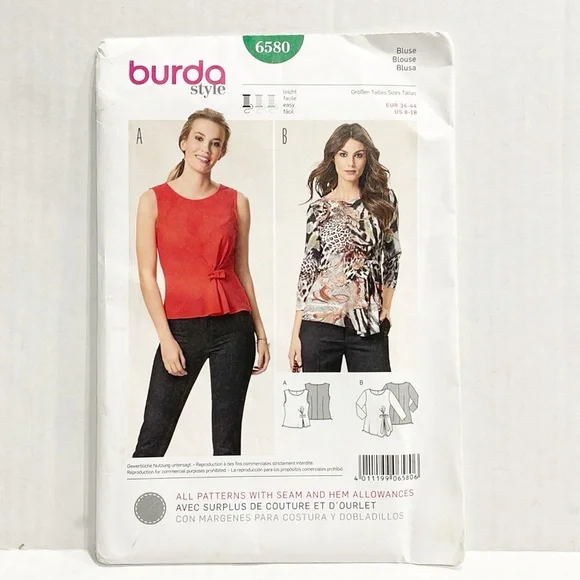 Burda Style Sewing‎ Pattern 6580 UNCUT Factory Folded Womens Blouse size 8-18