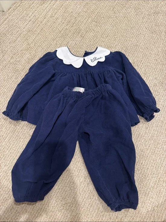 “Lillian” Navy Blue Two-Piece Corduroy Set with White Peter Pan Collar