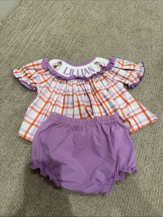 HALLOWEEN “LILLIAN” Smocked Plaid Baby Dress Set in Purple & Orange