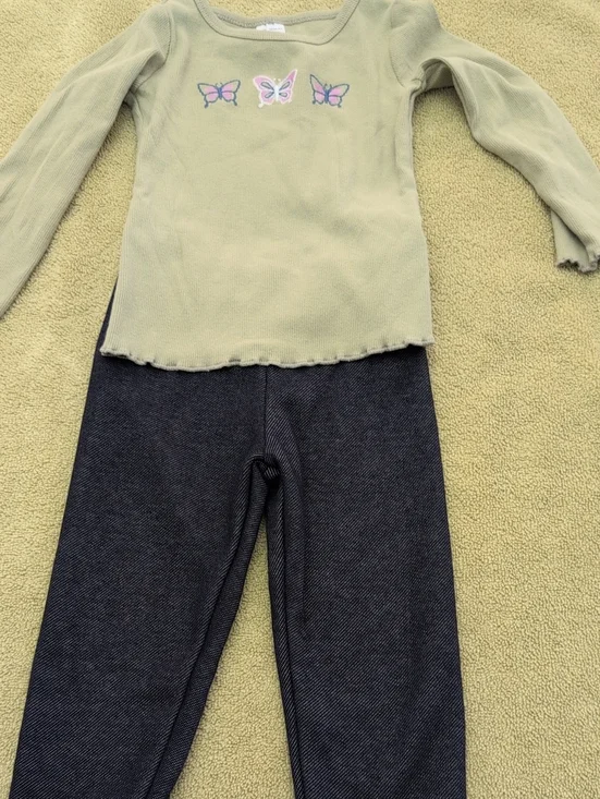 Girls' Green Butterfly Long-Sleeve Top and Fleece Lines Blue Pants