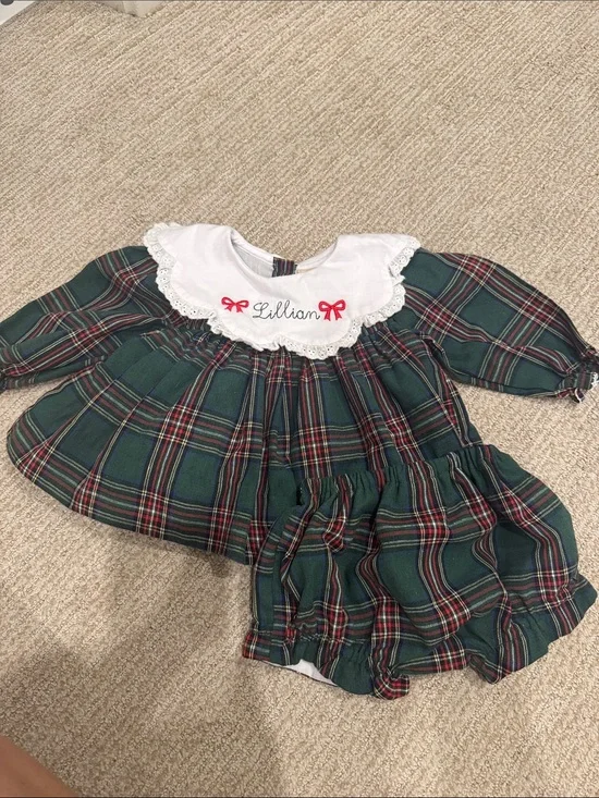 Christmas 6MGreen Plaid Baby Dress with White Lace Collar - 'Lillian' Embroidery