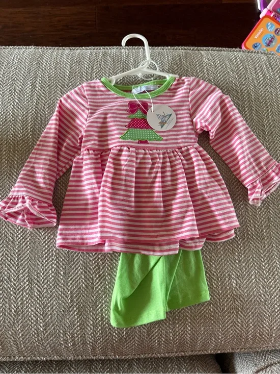Pink & White Striped set with Christmas tree Applique