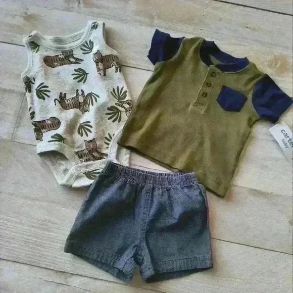 Carter's Boys 3pc Tiger Bodysuit, Green Shirt & Blue Shorts Set NEW 3 Months