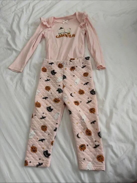 Girls Pink Halloween Pajama Set - Pumpkin & Ghosts Print