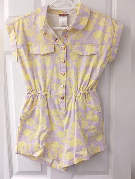Vince Camuto Girls Romper – Size 12 – Lavender/Yellow Print – 100% Cotton