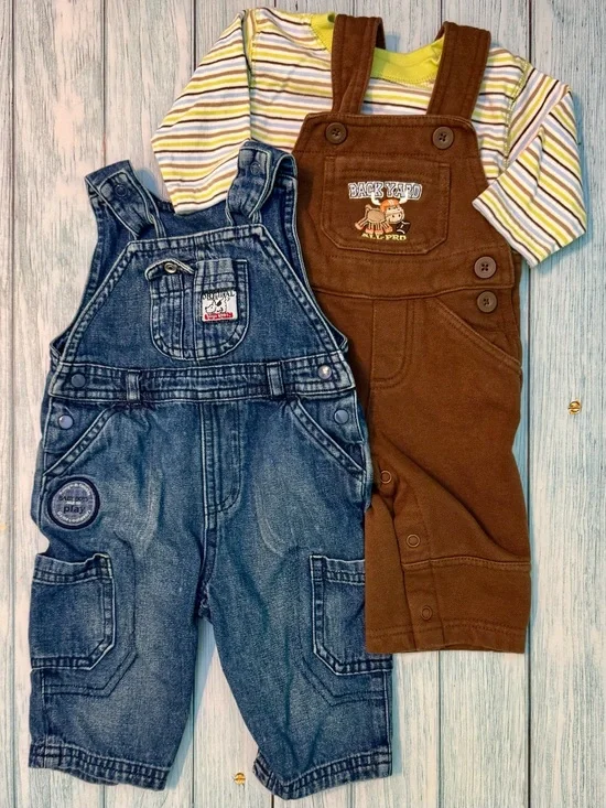 Carter's Brown Overalls Set with Green-Striped Top and Bonus Denim Overalls