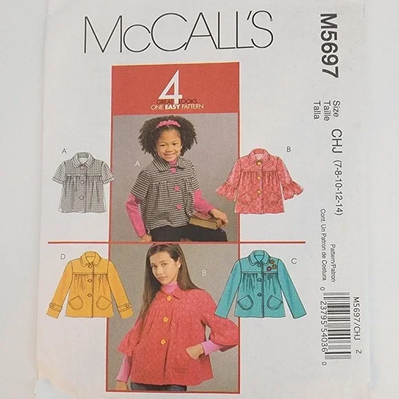 McCalls Sewing Pattern M5697 Girls Unlined Jacket Sz 7-8-10-12-14 Uncut