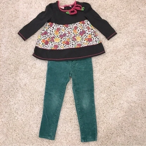 Bundle 2 Pcs Set Little Girls Floral Long sleeve  top and Green Velvet Pant