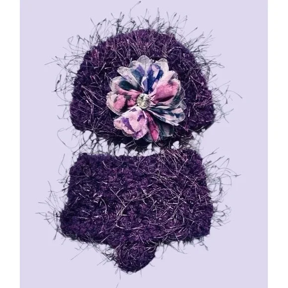 Handmade Fuzzy Knit Baby Photo Prop Diaper Cover And Hat Purple Flower Glam