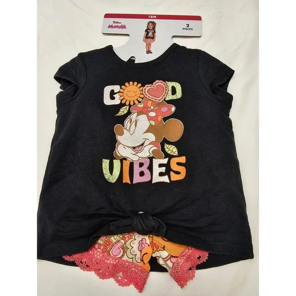 Disney Minnie Mouse Girls 2pc Outfit Set Black Good Vibes‎ Shirt Floral Shorts