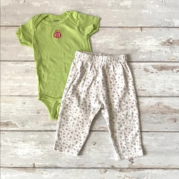 Baby Girl 3-6m Outfit Green Floral Print Leggings Pants Bumblebee Onesie 3m 6m