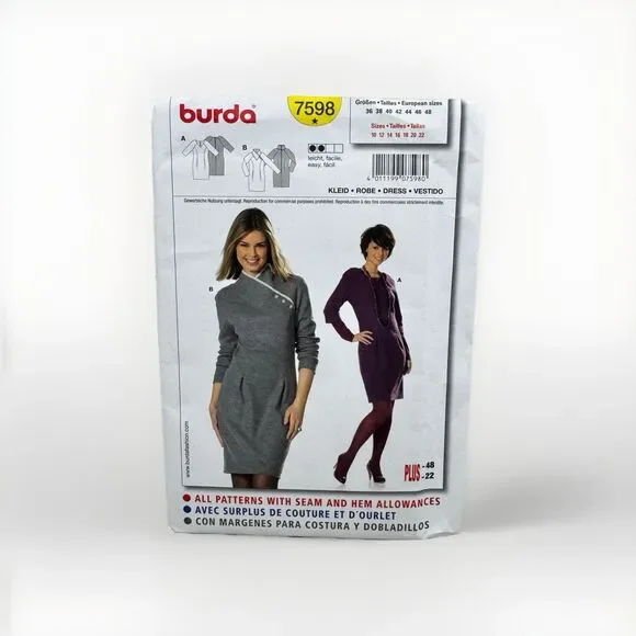 Burda Style Sewing Pattern 7598 Misses Dress Sizes 10 12 14 16 18 20 22