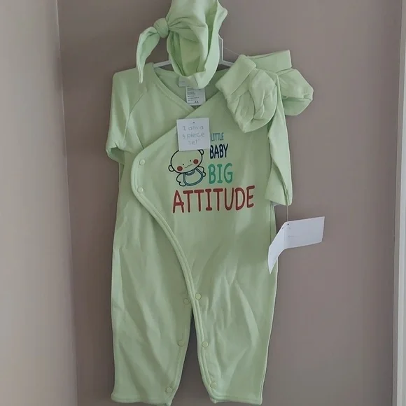 Rumble Tumble 3pc set - bodysuit cap mittens - green baby big attitude - 3-6mos