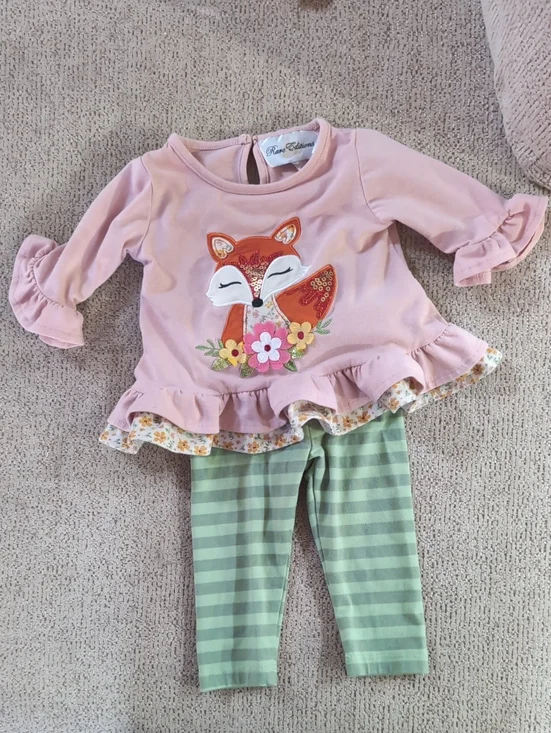 Rare Editions Baby Girl Pink Fox Ruffle Top with Green Striped Leggings
