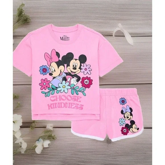 Minnie Mouse/Mickey Mouse Pink Floral Tee and Shorts Outfit Set, 2 Pc‎ 7/8 New