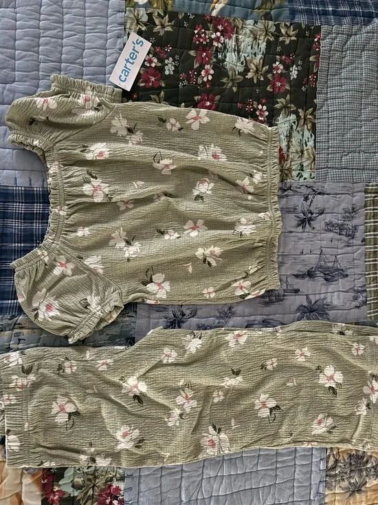 Carter's Olive Green Floral Crinkled Two-Piece Outfit