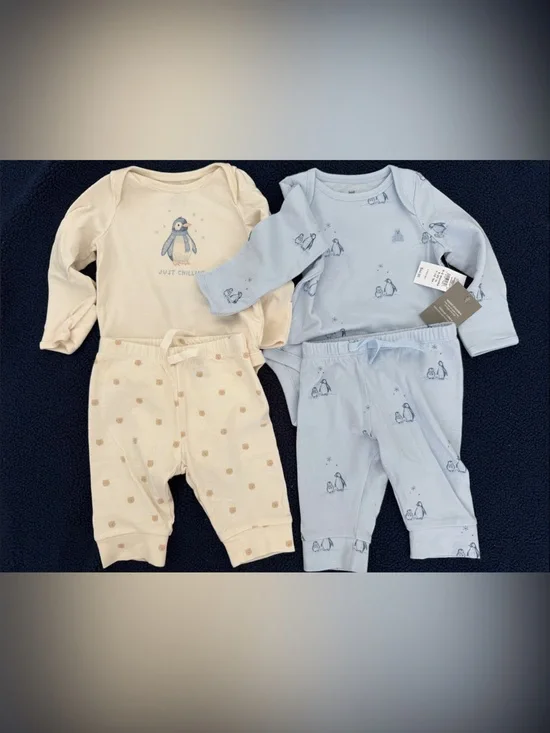 GAP Light Blue Penguin Print Long-Sleeve Bodysuit