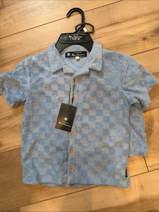 Ben Sherman Sky Blue Check Terry Short-Sleeve Polo/Shorts set
